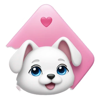 pink inverted triangle with rounded corners, with white cute eyes and heart-shaped pupils, white ears and a blue bow on top, little white paws on the sides, and blue paws on the bottom sticker