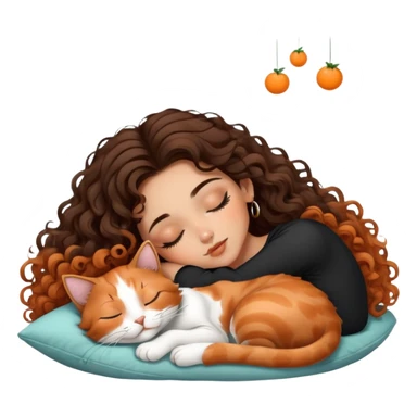 cute balayage brunette curly/wavy haired girl, hoop earrings clean girl makeup sleeping beauty laying next to her sleeping calico orange black white cat  sticker
