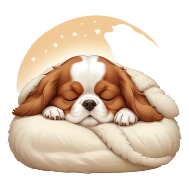 Cinematic Chubby Sleeping Cavalier King Charles Spaniel Portrait Emoji, Chubby and serene, with a round, endearing build and a plush, silky coat of rich chestnut and white, eyes gently closed in peaceful slumber, Simplified yet irresistibly endearing features, highly detailed, glowing with a gentle, dreamy glow, high shine, relaxed and content, stylized with a touch of whimsy, bright and heartwarming, soft glowing outline, capturing the essence of a blissfully sleepy companion, so comically serene it feels like it could roll out of the screen and snore with adorable charm! sticker