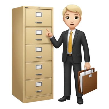 A person in business attire pointing to a tall filing cabinet, indicating document organization. sticker