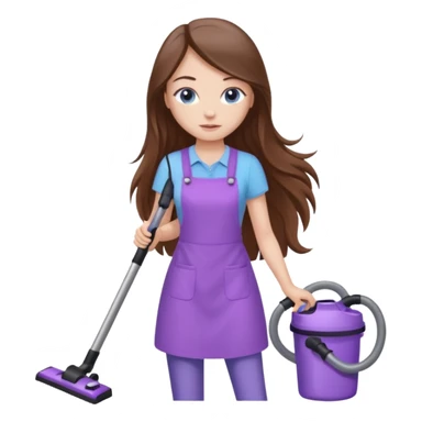 beautiful girl with long brown hair, blue eyes and wearing light purple clothes, cleaning and vacuuming sticker