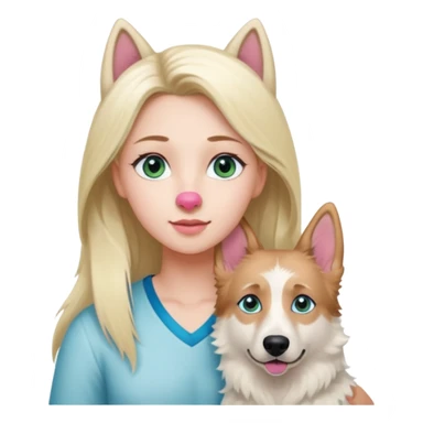 White European young woman with blue-green eyes and long blond hair with her white German Shepherd dog,the Dog has a pink nose and short fur  and Brown eyes sticker