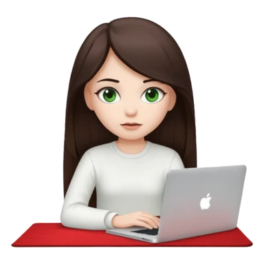 Long dark brown haired, white skinned, dark green eyed girl in white clothes girl sitting in macbook with a red carpet  sticker