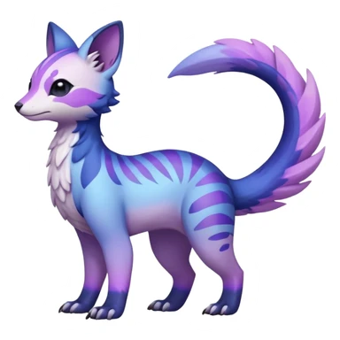  Pastel whitish glossy oily smooth silky soft White with indigo-Violet-purple-pinkish-gradient markings beautiful handsome gorgeous aesthetic colorful vibrant Vernid-Trico-species-Fakemon-creature by LiLaiRa, 4 legs, 1 tail, random markings, (full body) sticker