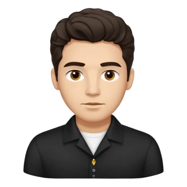 He’s a man with light to medium skin, a defined oval face, full brows, deep-set eyes, and wavy short dark brown tall hair styled with height, sides are trimmed. expression calm and focused relaxed black open-collar .polished, articulate, and coach vibe. sticker