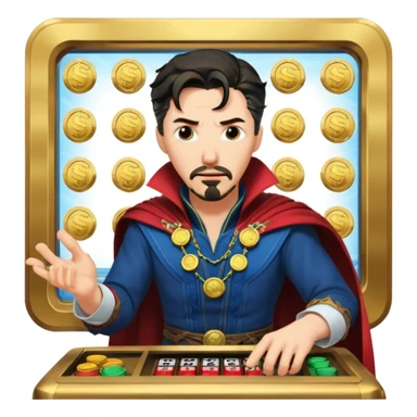 disheveled Doctor Strange losing money at a slot machine, panicked face, coins flying sticker