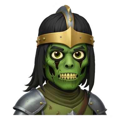 A black male with long black rough hair wearing a knight helmet with green zombie skin  sticker