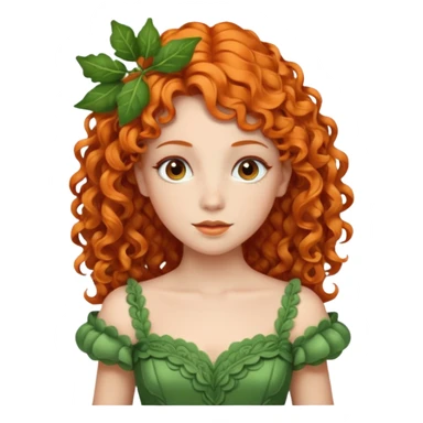 orange curly hair beautiful princess full body in leafy green dress elegant sticker