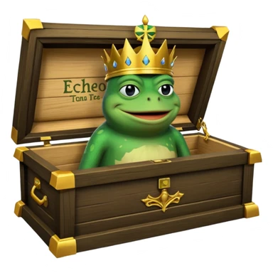Emoji of an empty wooden coffin with its lid on top, the word ‘ECHO’ carved into the lid. The coffin is shown from the outside. A king-like Pepe the Frog, standing outside the coffin, is hammering nails into the lid to seal it shut. No character is inside the coffin. Not a treasure chest. sticker