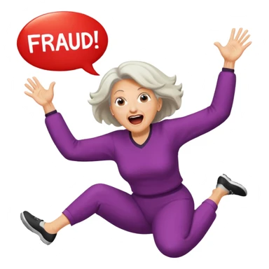 Older Woman jumping screaming and word “fraud” in a bubble sticker