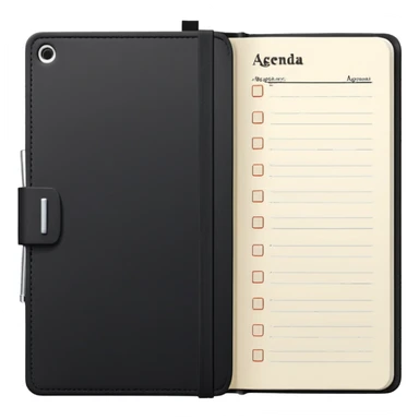 A classic black Moleskine notebook open to show an agenda page with meeting items and bullet points sticker