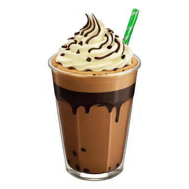 Vaso de vidrio con Frappé color café, crema en la parte superior con popote verde insertado en la crema, agregar encima de la crema chispas de chocolate y una galleta redonda color café oscuro tipo Oreo. sticker