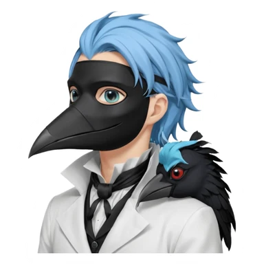 Handsome sexy adult anime man with light-blue hair and a black bird beak mask that covers whole face, black face mask, black mouth mask, black feathers draped over shoulder, wearing a white lab coat, long thin hair tendrils on the sides, with a mechanical raven sidekick, blue cravat, red eyes sticker