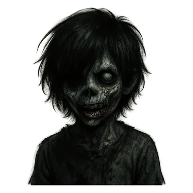 boy zombie with black medium-long emo shaggy hair, dark and spooky, creepy expression sticker
