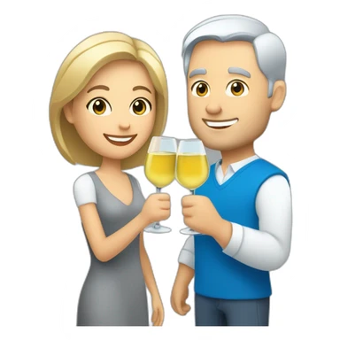 caucasian woman with brown eyes and blond short hair and a caucasian man with blue eyes and grey hair, toasting with a glass of white wine sticker