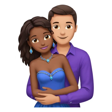 Tan tall brunette European male in blue shirt smiling and hugging a jet black African girl in purple strapless dress and blue jewelry they are on a beach with blue ocean water and palm trees sticker