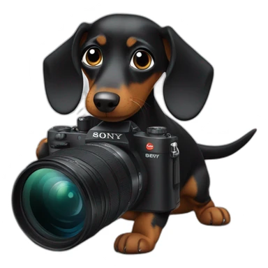 a black dachshund dog holds a SONY camera in its paws sticker