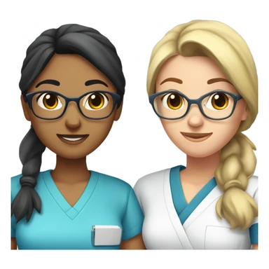 Two olive-toned Best friend nurses in blue scrubs. one girl has glasses with black hair in a pony tail. The other girl has long hair but no glasses sticker