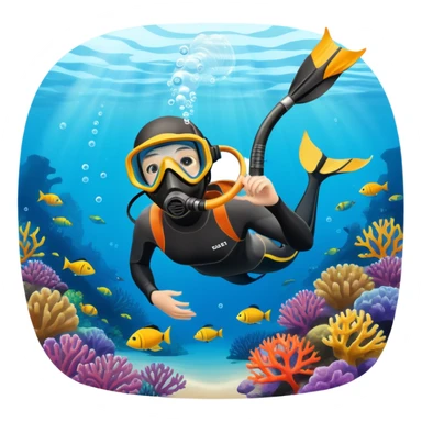 An icon featuring a close-up of a freediving mask and snorkel, with a breath-holding diver's fins, set against a vibrant underwater world. The design includes coral reefs, fish, and bubbles, symbolizing the serene beauty and thrill of freediving. Transparent background highlights the calm sticker