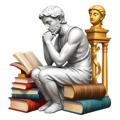 An icon featuring a thinker statue, a scroll, symbolizing philosophy. The design includes books and abstract symbols representing deep thought and wisdom. Transparent background highlights the study of ideas, logic, and existential questions sticker