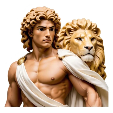 Cinematic Realistic Hercules Portrait, depicted as a classical Greek hero merging the fierce masculinity of the lion-wrestling Hercules with the refined face of Michelangelo's David. His light tan, chiseled skin glows with timeless strength, and his thick, curly, golden brown hair cascades in natural, sculpted curls reminiscent of a warrior’s mane. Draped in a flowing white robe with delicate golden accents and crowned with a traditional Greek laurel wreath, his intense, determined eyes exude noble might, all rendered under dynamic natural lighting with a mythic, radiant glow. sticker