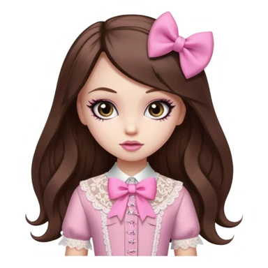 pretty, brown long hair, pale skin, eyeliner, pink bow, lace clothes, bratz baddie sticker