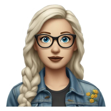 Create a Hyper Realistic pale beautiful tattooed 3D woman with glasses and blue eyes wearing denim jacket sticker