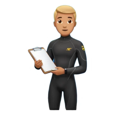 male marine conservationist in a wetsuit holding a clipboard surrounded by ocean life sticker