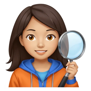 A brunette smiling asian woman wearing orange-blue hoodie holding a large magnifying glass and squinting at something to intently sticker