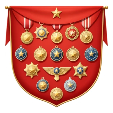 Icon for Collecting Orders, Medals & Badges: a variety of vintage orders, medals and badges, displayed neatly on a big red pennant or in a display case. The icon should reflect the honor and historical significance of these collectible items. Transparent background. sticker