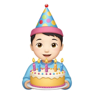 with chines cute baby wearing birthday hat with birthday cake sticker