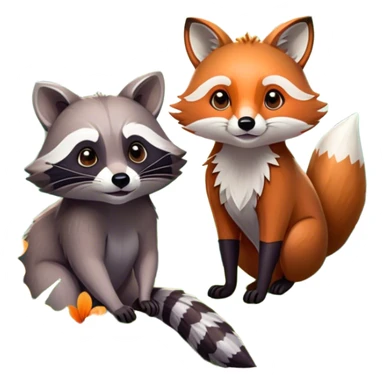 Collage of a raccoon and a fox, in close-up, set in a beautiful forest with tall trees, green bushes, and sunlight filtering through the leaves and flowers. A vibrant, wild atmosphere with a transparent background. sticker