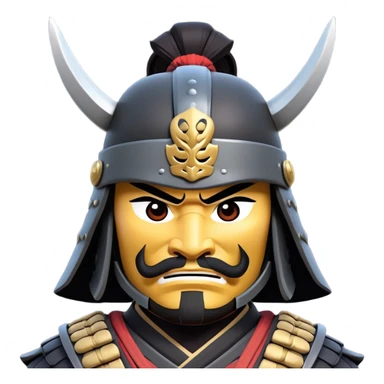 clash-of-clans-aesthetic_-cinematic-fearsome-and-majestic-samurai-bust-portrait-emoji, rendered in a flat, vector-style with minimal shading and bold, simplified shapes typical of emoji art, depicting a battle-hardened samurai with black mask and traditional black Japanese armor. The samurai is riding a noble grey warhorse adorned with an intricately designed saddle and fluttering banners and a rising sun. a samurai on a   horse sticker