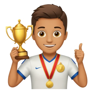 happy soccer player with a first-place medal and a trophy sticker