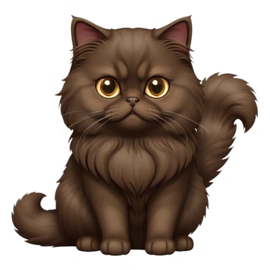 cinematic-[dark brown persian cat]-realistic-full-body-sitting-emoji,-tail-curled-playfully-around-its-paws,-head-tilted-dramatically,-fluffy-[dark brown]-fur,-simplified-yet-realistic-focused-features,-highly-detailed,-glowing-with-an-almost-sarcastic-glow sticker