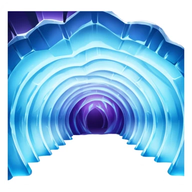 A breathtaking ice cave glowing with blue light, featuring smooth, curved walls made entirely of translucent ice. The interior reflects shimmering shades of blue and purple, with natural light filtering through the frozen surface. Realistic detail, cinematic lighting. sticker