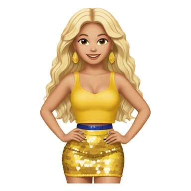Beyonce with long platinum blonde hair, yellow sequin crop top yellow sequin skirt, gold earring sticker