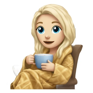 Blonde hair blue eyed white girl covered in blanket sitting on a cozy chair holding coffee sitting next to a snowy window sticker