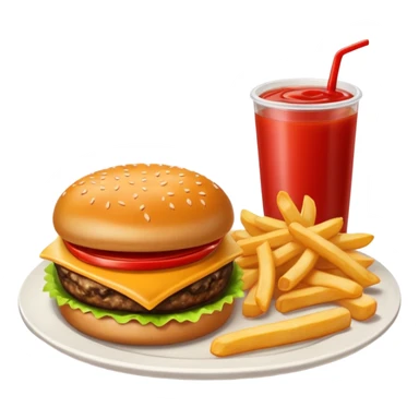 i want a Cheeseburger and Fries with a angle to 15–20° gentle bird’s-eye angle with 2 sauce round plate one is white and other is red with some fries thicker like mcdonald's sticker