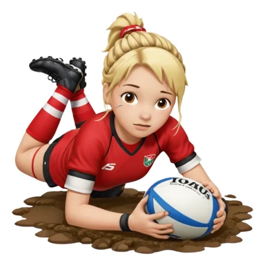 Emoji estilo iPhone de Chica de pelo rubio tirada en el suelo boca abajo agarrando un balón DE RUGBY con las manos vestida con una equipación de color rojo y blanco con líneas, manchada de barro y con unas botas de tacos de fútbol y el pelo con trenzas, se la tienen que ver las 2 piernas  sticker