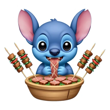 Stitch eating meat chopped on skewers sticker