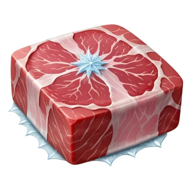 single raw meat cut steak or filet wrapped in thin layer of frosty plastic film with visible ice crystals slightly opaque surface pink to red meat with subtle marbling stiff edges frozen solid no tray no label no extras soft lighting subtle shadows emoji scale sticker