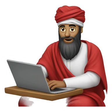 A caliph with turban and red clothes writing in a laptop sticker