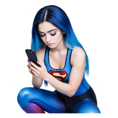 Disapponted-big tears-head back texting on phone-very very large upper body-sexy face-bending forward at waist-very long very straight dark blue to light blue ombre hair-and-blue eyes-thick black eyeliner-long eyelashes-iridescent blue lowcut tanktop with black leggings with glitter superman logo sticker
