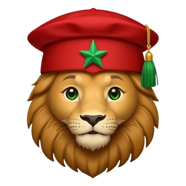 Cute lion emoji face wearing a red Moroccan fez with a green star on the front and a black tassel on the right side. Solid dark-blue background. sticker