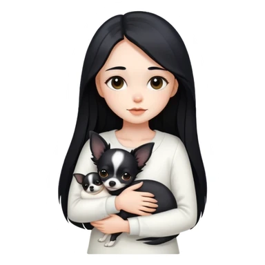 A girl with fair skin, long black hair, and white clothes, gently and tightly hugs a black Chihuahua sticker