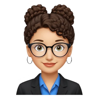 a woman, 30 years old, light skin with dark brown curly hair in a bun with some face framinig pieces. eyeglasses. Black suite on. blue eyes. sticker