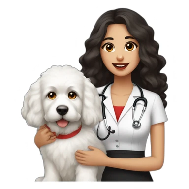 young moroccan woman with dark brown eyes, dark long curling hair, red lips, a black dress, a stethoscope and a white cotton of tulear dog on her laps and chips in her hand sticker