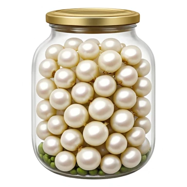 clear glass jar filled with small white pearl onions submerged in clear brine, rounded jar with metal lid, tightly packed contents visible through transparent sides, onions smooth glossy slightly translucent, no label no fork no garnish, closed jar, soft lighting, subtle shadows, emoji scale sticker