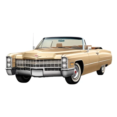 Iconic beige 1966 Cadillac DeVille with distinct front grille and headlights, precise three-quarter view at 30 degrees, authentic vintage luxury proportions, as seen in Once Upon a Hollywood, iOS emoji style sticker